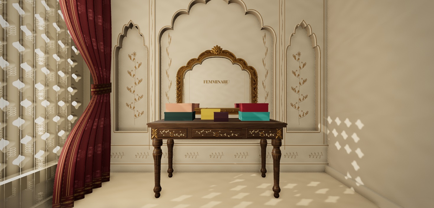 A still of Femminari’s dressing room, with the plum box resting on the vanity and the logo centred in the mirror.